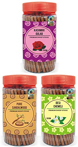 Parag Fragrances 3 in 1 Dhoop Sticks Pure Sandalwood, Kashmiri Gulab & Desi Chemeli 330 Gram Shriyantra Series/Dhoop Sticks for Pooja/Double Fragrance Dhoop Sticks (चंदन / गुलाब / चमेली) Set-1