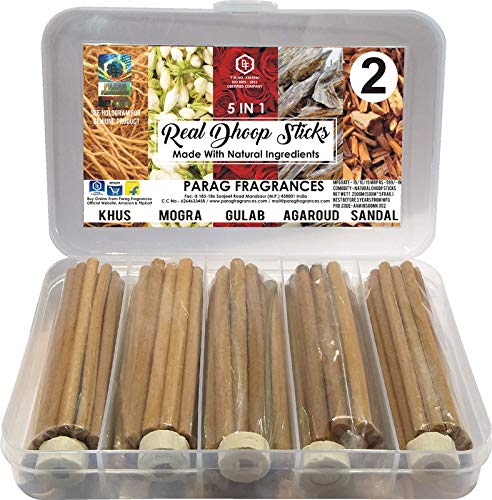 Parag fragrances Real Dhoop Sticks Collection (Khus, Mogra, Gulab, Agarwood and Sandalwood, 250 gm) without Charcoal, Bamboo and Coal