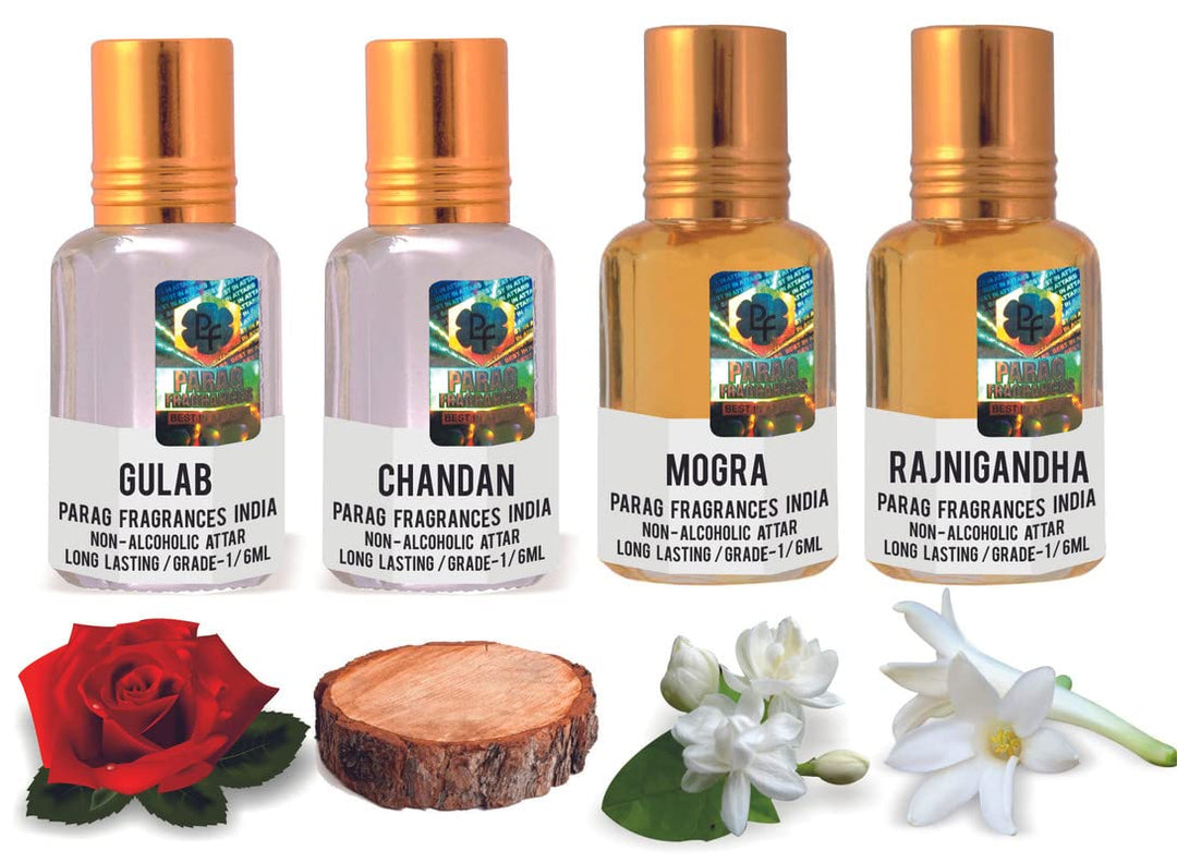 Parag Fragrances 4 in 1 Real, Natural & Long Lasting Attar Combo Offer Pack (Limited Time/Stock) (Gulab/Chandan/Mogra/Rajnigandha)