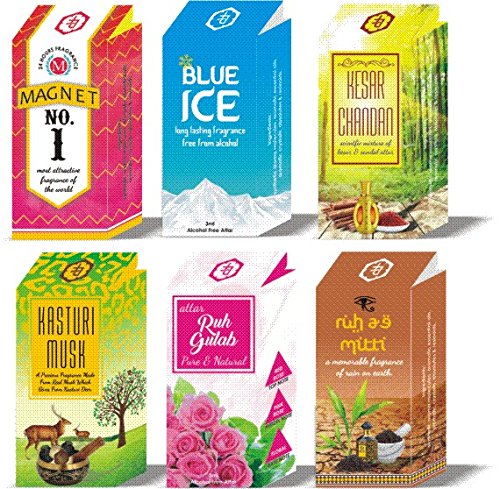 Parag fragrances Men's Kesar Chandan, Blue Ice, Rose, Magnet, Kasturi and Mitti Attar - Pack Of 6
