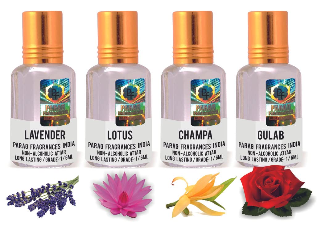 Parag Fragrances 4 in 1 Real, Natural & Long Lasting Attar Combo Offer Pack (Limited Time/Stock) (Lavender/Lotus/Champa/Gulab)