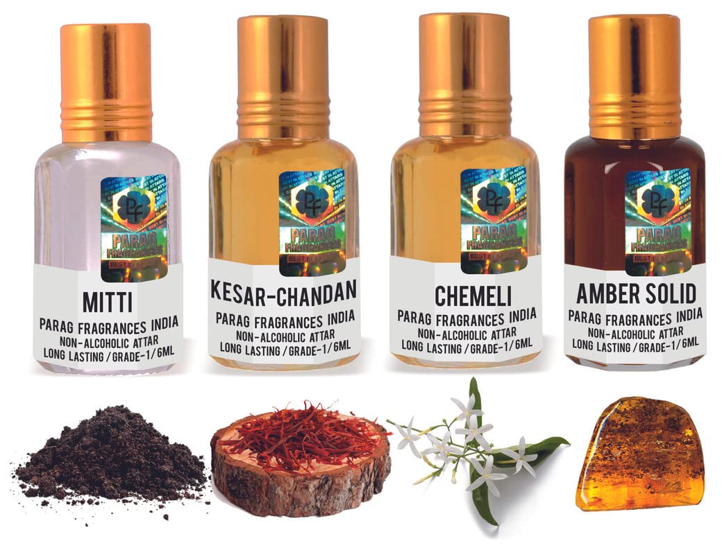Parag Fragrances 4 in 1 Real, Natural & Long Lasting Attar Combo Offer Pack (Limited Time/Stock) (Mitti/Kesar-Chandan/Chemeli/Amber Solid)