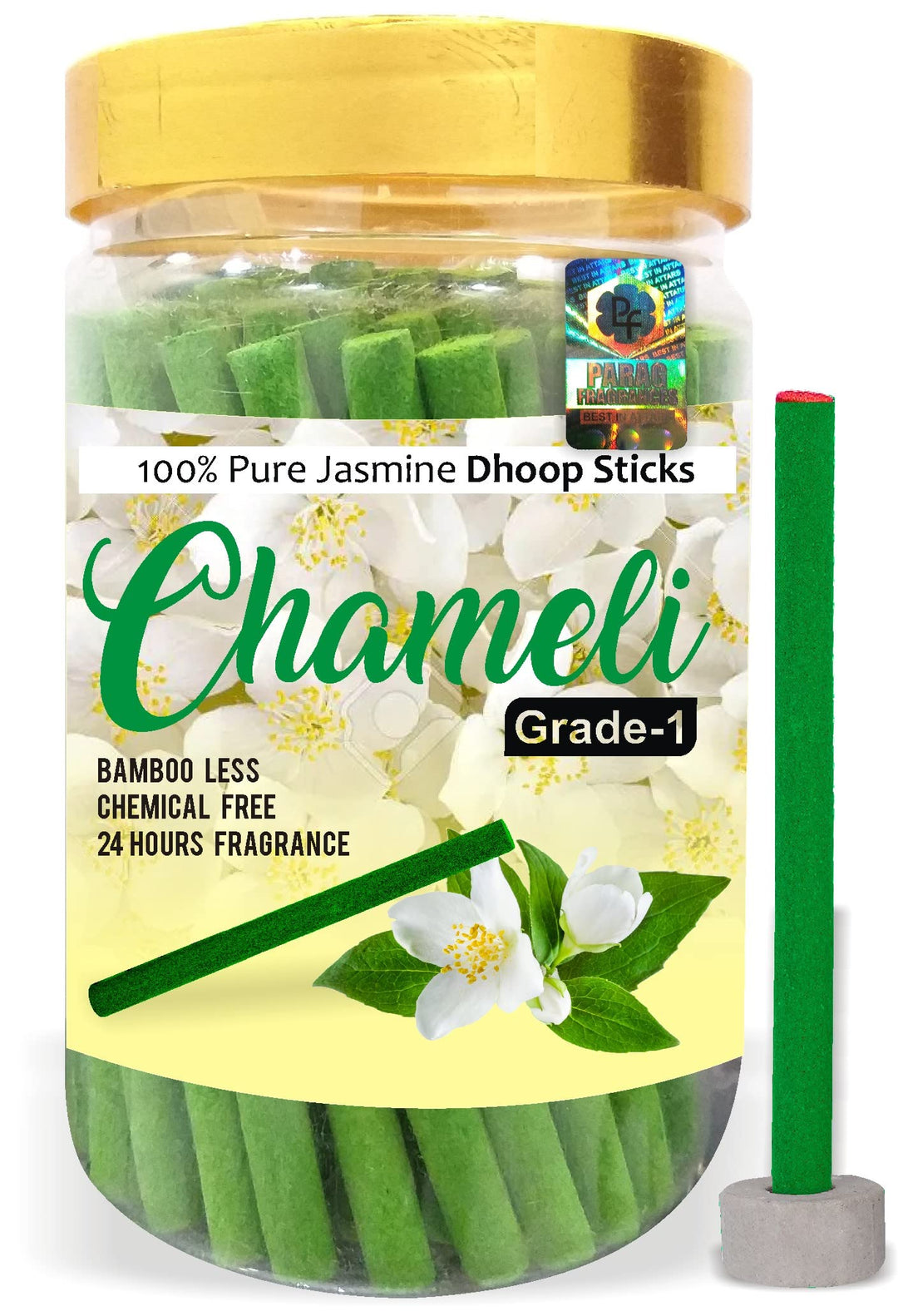 Parag Fragrances Chameli/Jasmine Dhoop Sticks/Dhoop Batti Grade-1 Jar (Pack of 1 x 200Gm) Long Lasting Perfume for 24 Hours Home Fragrance/Meditation/Dhoop for Pooja/Free Dhoop Holder Inside