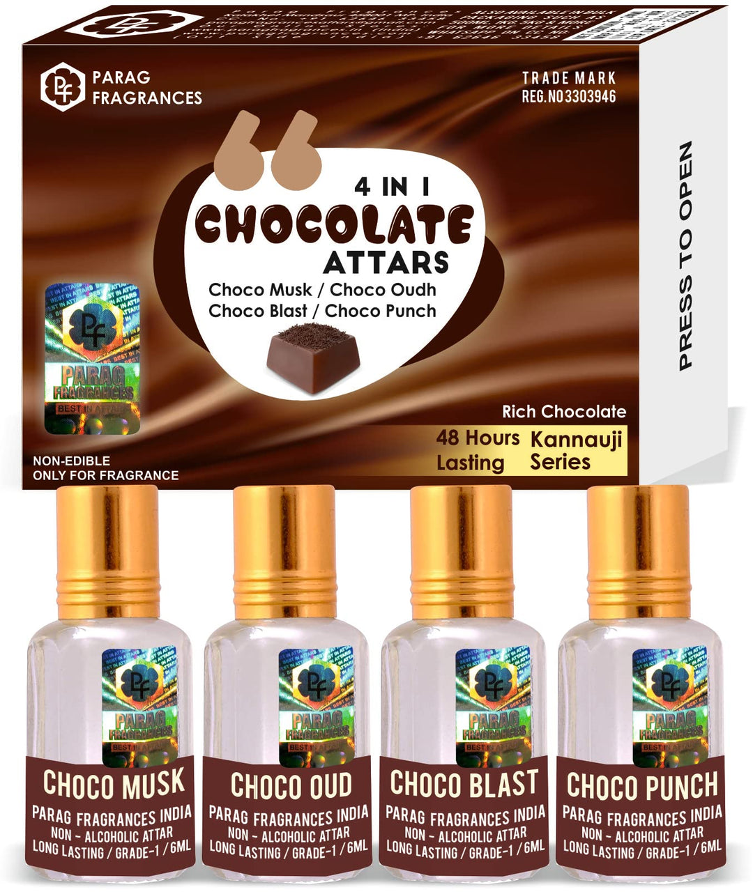 Parag Fragrances 4 in 1 Gift Pack of Long Lasting Attar Perfumes/Non Alcoholic (Chocolate)