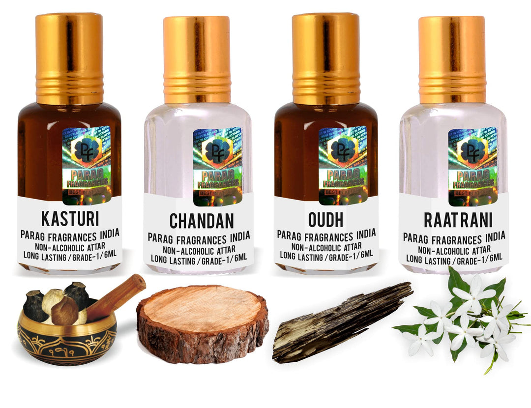 Parag Fragrances 4 in 1 Real, Natural & Long Lasting Attar Combo Offer Pack (Limited Time/Stock) (Kasturi/Chandan/Oud/Raatrani)