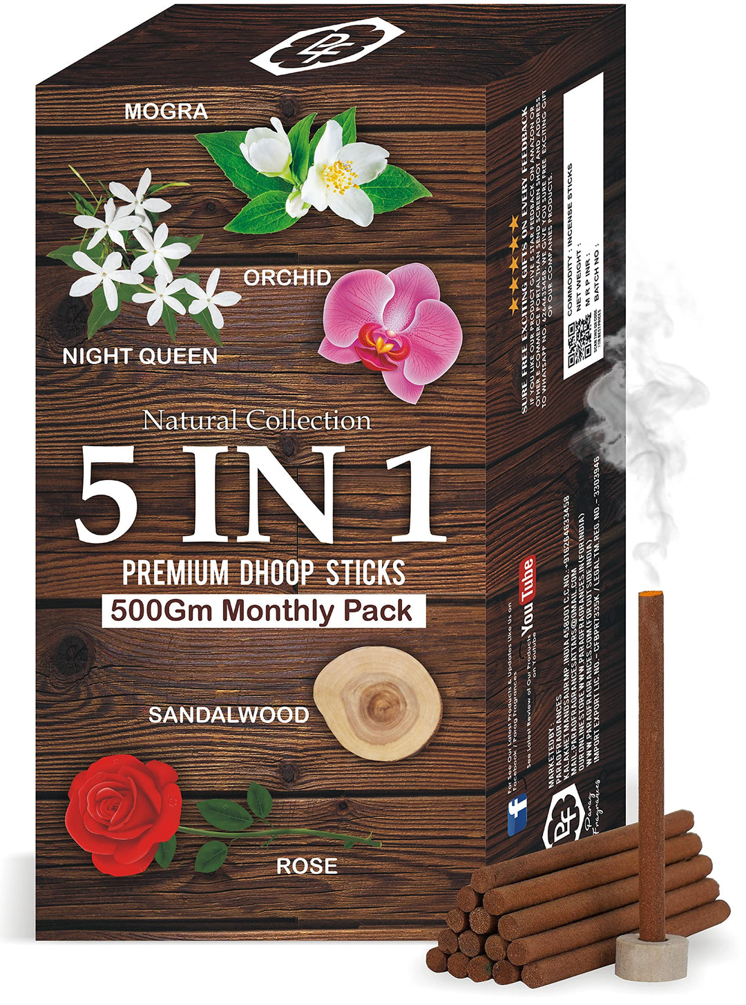 Parag Fragrances 5 in 1 Natural Dhoop Sticks 500 gm (चंदन, गुलाब, नाइट क्वीन, मोगरा और आर्किड - आधा किलो धूप स्टिक) (Pack of 100 x 5) Sandalwood, Ro