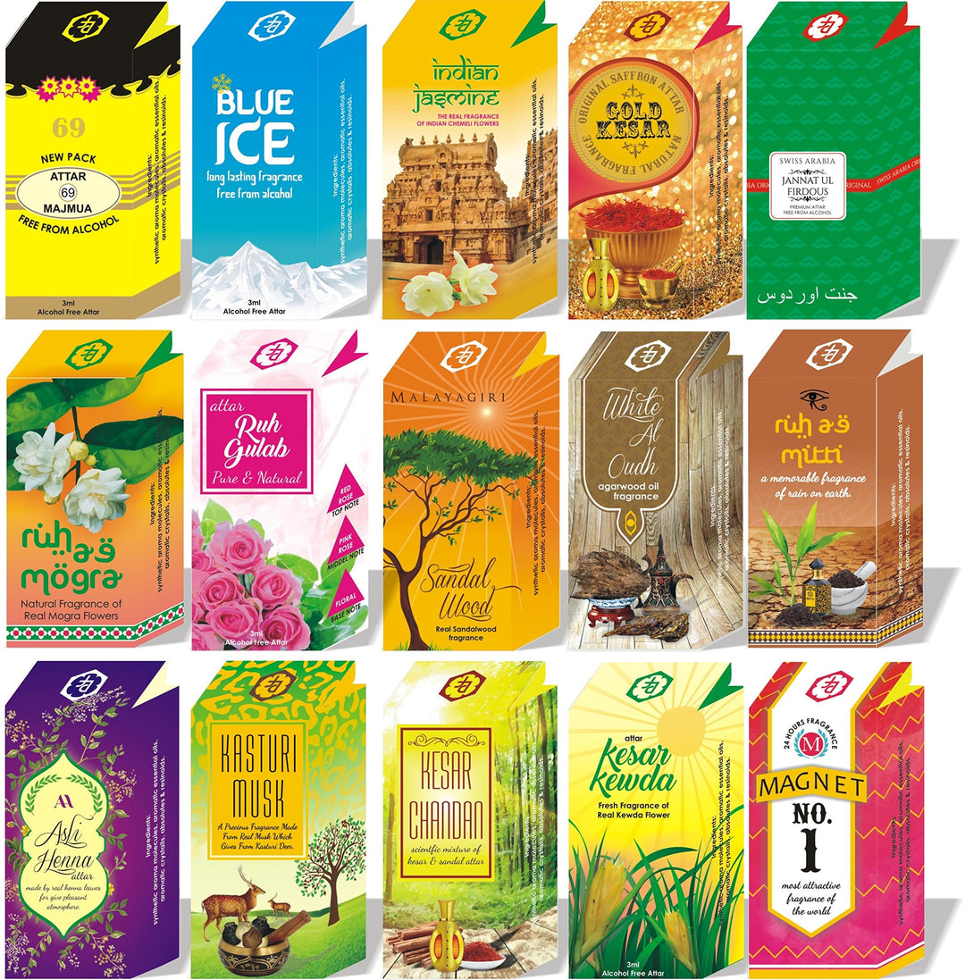 Parag Fragrances 20Pc Attar Gift Set (Gulab, Mogra, Sandaklwood, White Oud, Ruh E Mitti,Majmua, Blue Ice, Indian Jasmine, Gold Kesar, Jannat al Firdaus, Real Heena,Kasturi Musk, Kesar Chandan, Real Kewda, Magnet No1)