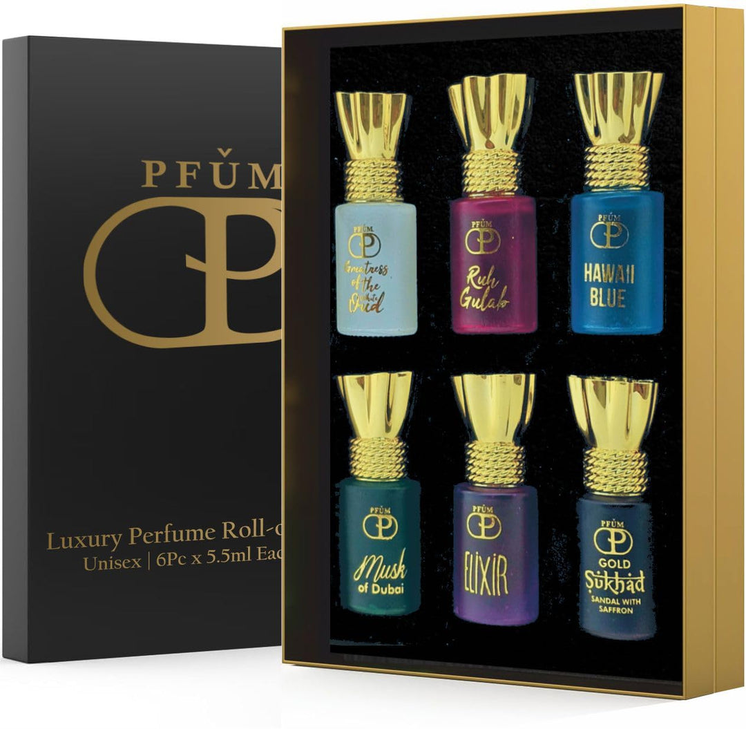 PFUM Luxury Alcohol Free Long Lasting Roll-On Attar Perfume Gift Set For Unisex 6Pcx5.5ml Each Total 33ml (Ruh Gulab, Hawaii Blue, White Oud, Musk of Dubai, Elixir-Scent of Love, Sukhad Chandan-Kesar)