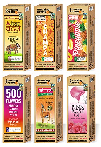 Parag Fragrances 6 Flowers Incense Sticks (Rajnigandha, Marigold, Raat Rani, Parijat, Lily & Orchid) / Offer Pack of 325gm Agarbatti with 2pc Perfumes and 1pc Incense Holder