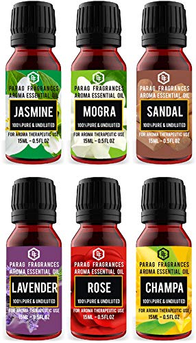 Parag Fragrances 6in1 Flower Aroma Diffuser Oils (6pc x 15ml) of Jasmine, Mogra, Lavender, Rose, Champa & Sandalwood For All Types Of Aroma Diffusers, Reed Diffuusers & Humidifier