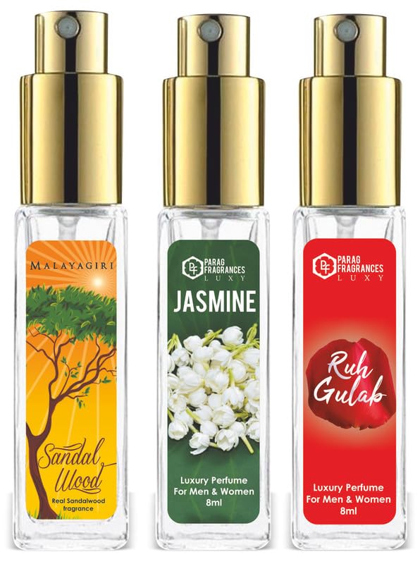 Parag Fragrances Mysore Sandal/Jasmine/Ruh Gulab Combo Pack of Long Lasting Perfume 8ml x 3 pc Total 24ml Perfume Spray For Men and Women