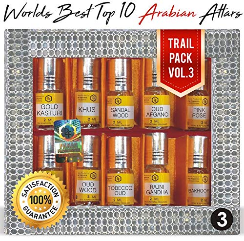 Parag Fragrances Top 10 Attars Trail Pack of Gold Kasturi, Khus, Sandalwood, Oud Afgano, Pink Rose, Attar Full, Oud Wood, Tobecco Oud, Rajnigandha, BakhoorBest Alcohol Free Attar