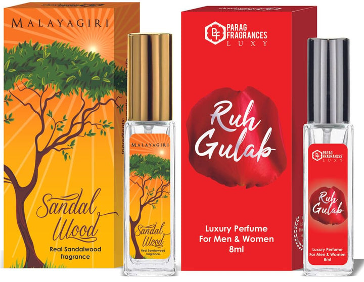 Parag Fragrances Sandalwood & Ruh Gulab Luxury Perfume Combo (8ml x 2pc) Long Last, Imported, Pocket & Purse Friendly, Reusable Perfume Spray For Men & Women