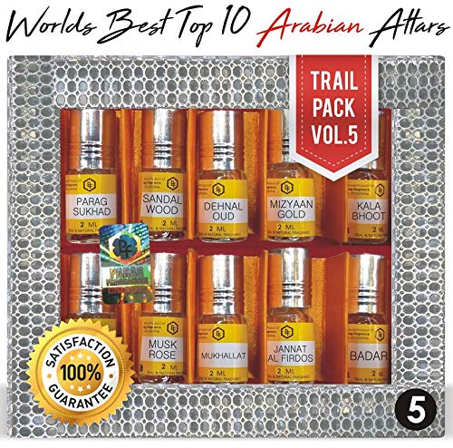 Parag Fragrances Top 10 Attars Trail Pack of Parag Sukhad, Sandalwood, Dehnal Oud, Mizyaan Gold, Kalabhoot, Marigold, Musk Rose, Mukhallat, Jannat Al Firdaus, Badar. Best Alcohol Free Attar