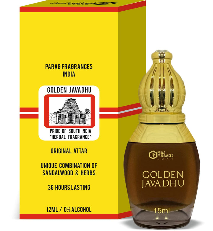 Parag fragrances Golden Javadhu 15Ml (Herbal Fragrance) Pride Of South India/Long Lasting, Natural & Alcohol Free Attar Liquid For Men/Unique & Ideal Combination Of Sandalwood & Herbs