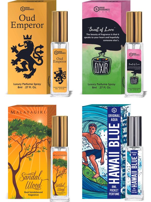Parag Fragrances Sandalwood & Ruh Gulab Luxury Perfume Combo (8ml x 2pc) Long Last, Imported, Pocket & Purse Friendly, Reusable Perfume Spray For Men & Women