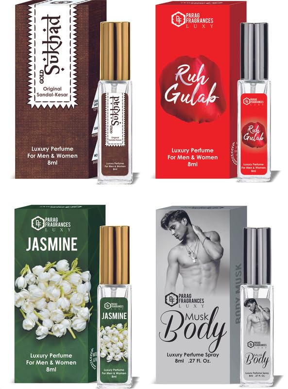 Parag Fragrances Sandalwood & Ruh Gulab Luxury Perfume Combo (8ml x 2pc) Long Last, Imported, Pocket & Purse Friendly, Reusable Perfume Spray For Men & Women
