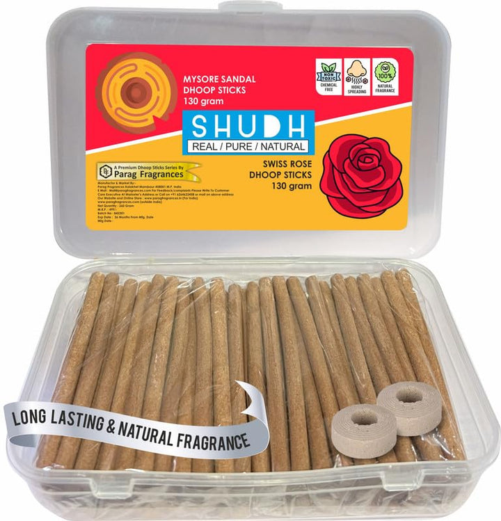 Parag Fragrances Mysore Sandal & Swiss Rose Dhoop Sticks Combo/Natural Dhoop Incense Sticks 130 Gram + 130 Gram = 260 Gram