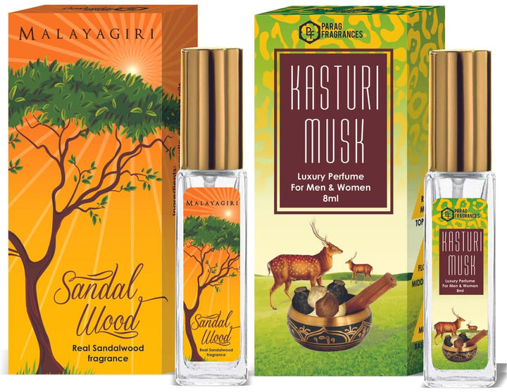 Parag Fragrances Sandal & Kasturi Luxury Perfume Combo (8ml x 2pc) Long Last, Imported, Pocket & Purse Friendly, Reusable Perfume Spray For Men & Women