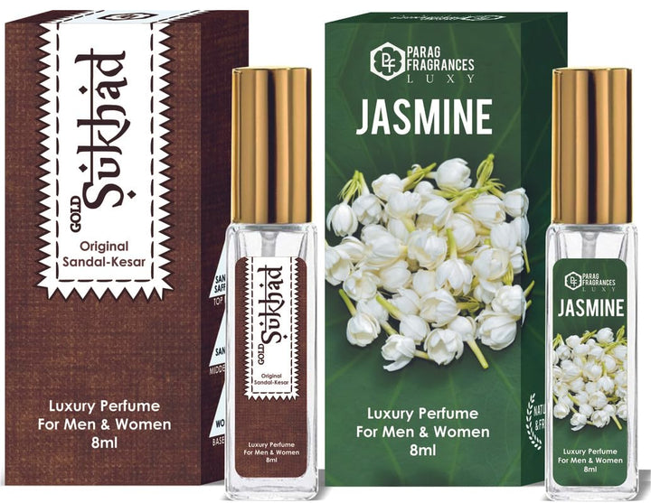Parag Fragrances Sukhad & Jasmine Luxury Perfume Combo (8ml x 2pc) Long Last, Imported, Pocket & Purse Friendly, Reusable Perfume Spray For Men & Women