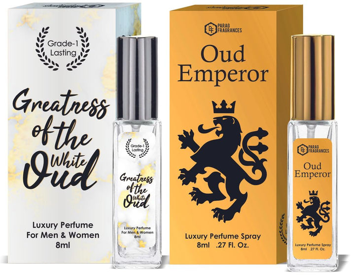 Parag Fragrances White Oud & Oud Emperor Luxury Perfume Combo (8ml x 2pc) Long Last, Imported, Pocket & Purse Friendly, Reusable Perfume Spray For Men & Women