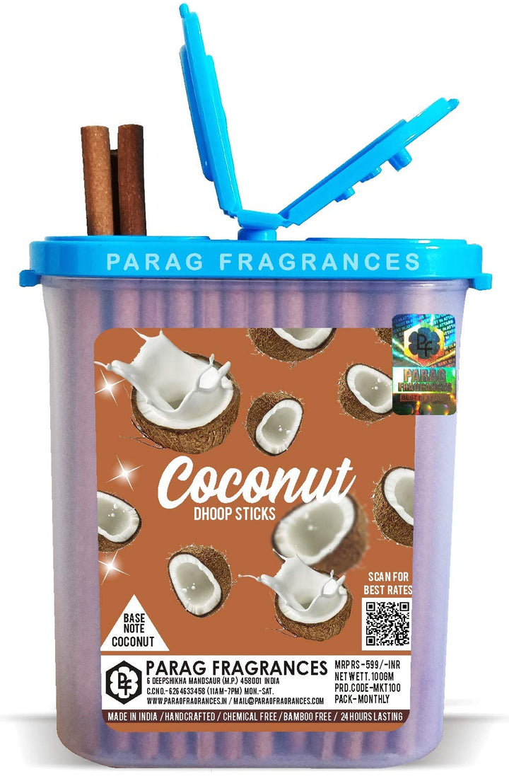 Parag Fragrances Coconut Premium Dhoop Sticks 100gm Monthly Pack (No Charcoal, No Bamboo, Hand Crafted, Long Lasting Dhoop Sticks) Dhoop Sticks for Prayer