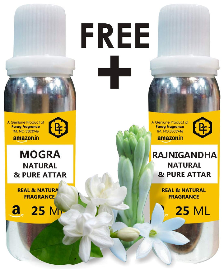 Parag Fragrances Mogra 25ml Attar & Get Rajnigandha 25ml Attar Free 0% Alcohol, Long Lasting Attar, Natural Attar For Men, Best Long Lasting Attar