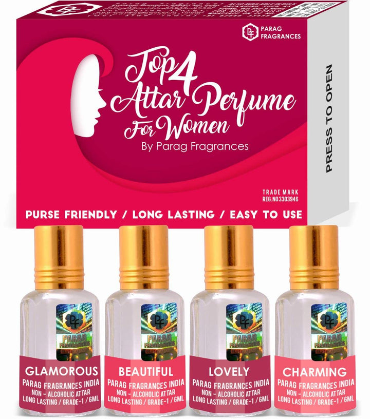 Parag Fragrances Top 4 Attar Perfume For Women/Ladies/Girls (Easy to Carry Long Lasting Attar Perfume Roll-on For Women) Best Perfume Roll-on Gift Set For Women