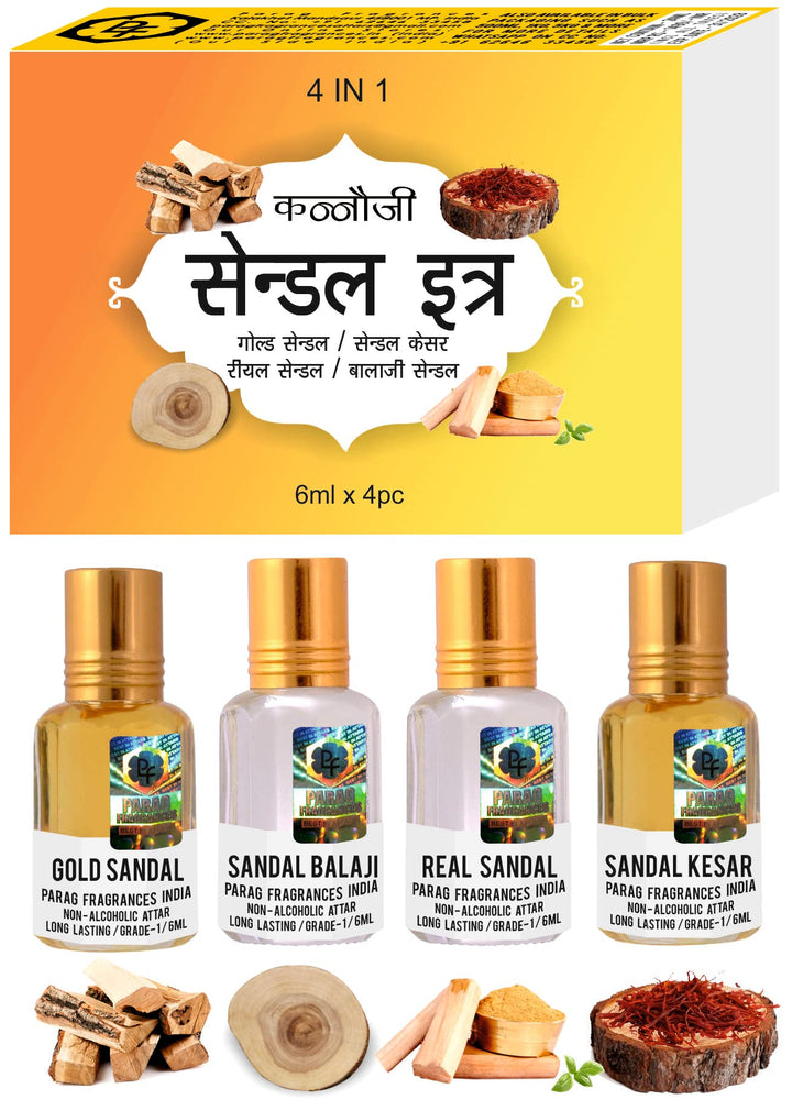 Parag Fragrances Natural, Long Lasting & Alcohol Free Attars 4 in 1 Collection (Sandal 4 in 1)