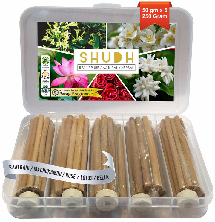 Parag Fragrances Shudh Indian & Arabic (Luxury Edition) Dhoop Sticks (Chandan, Agaroud, White Oud, Heena, Musk Rose) Real, Natural Dhoop Sticks Made by Herbs & Attars