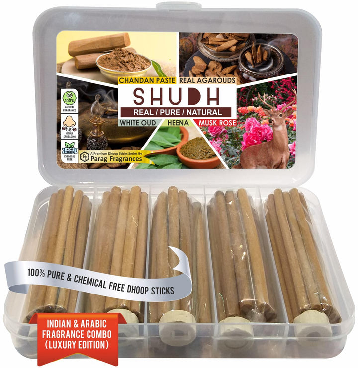 Parag Fragrances Shudh Indian & Arabic (Luxury Edition) Dhoop Sticks (Chandan, Agaroud, White Oud, Heena, Musk Rose) Real, Natural Dhoop Sticks Made by Herbs & Attars