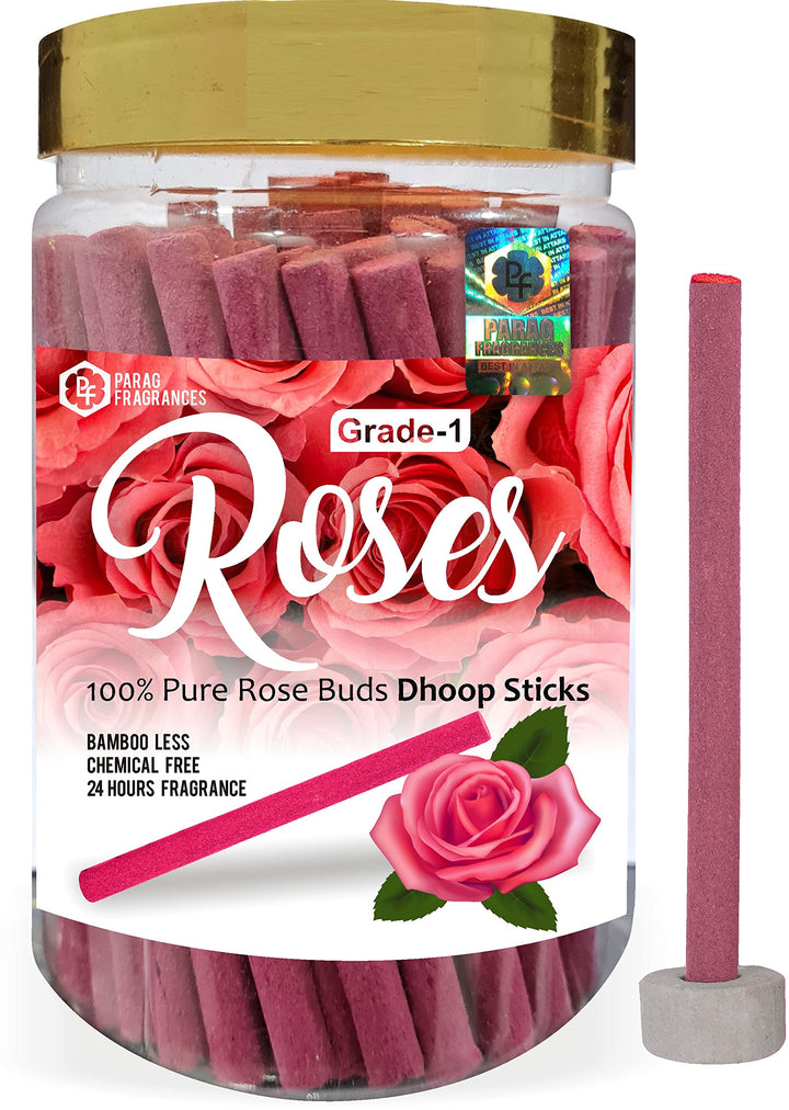 Parag Fragrances Rose Dhoop Sticks/Gulab Dhoop Batti Grade-1 Jar (Pack of 1 x 200Gm) Long Lasting Perfume for 24 Hours Home Fragrance/Meditation/Dhoop for Pooja/Free Dhoop Holder Inside