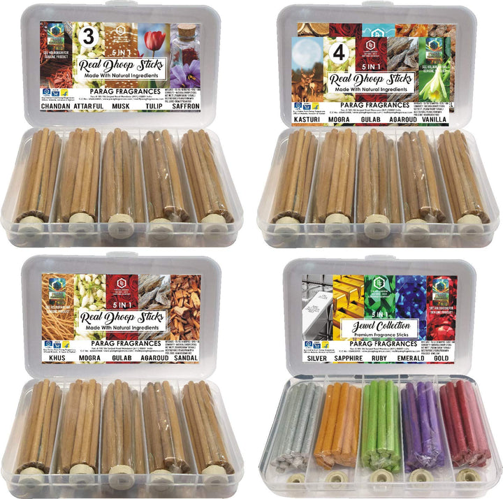 Parag Fragrances Herbal & Natural 5 in 1 Dhoop Sticks 250Gm Pack/Rose, Sandalwood, Mogra, Camphor & Kasturi / 50Gram Each/Economical Monthly Pack Dhoop Sticks for Puja & Home Fragrance