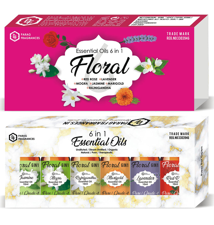 Parag Fragrances Floral 6IN1 Essential Set of Jasmine, Mogra, Rajnigandha, Marigold, Lavender & Red Rose