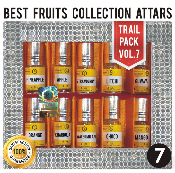 Parag Fragrances Top 10 Attars Trail Pack of Damru Chandan, Rose Nature, Himalyan Kasturi, Oud Al Arab, Ruh Kewda, Tobecco Vanilla, Real Amber, Choco Musk, Noora, Mitti Best Alcohol Free Attar