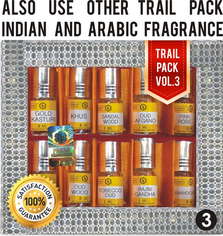 Parag Fragrances Top 10 Attars Trail Pack of Parag Sukhad, Sandalwood, Dehnal Oud, Mizyaan Gold, Kalabhoot, Marigold, Musk Rose, Mukhallat, Jannat Al Firdaus, Badar. Best Alcohol Free Attar