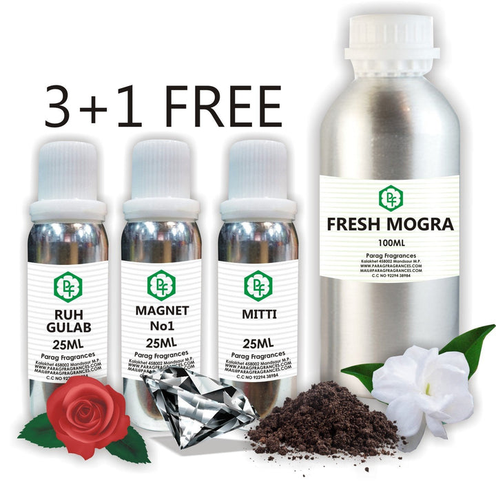 Parag Fragrances 3+1 OFFER RUH GULAB,RUH MITTI & MAGNET EACH 25 ML GET 100 ML FRESH MOGRA ATTAR FREE