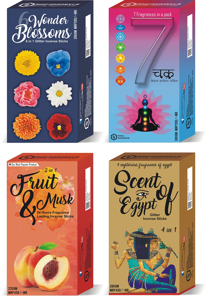 Parag Fragrances 6 Wonder Blossom Glitter Incense Sticks/Agarbatti Real Essential Oils (Pack of 6 x 50 Gm/Total 300 Gm) 24 Hours Fragrance Lasting Agarbatti for Pooja and Home Fragrance