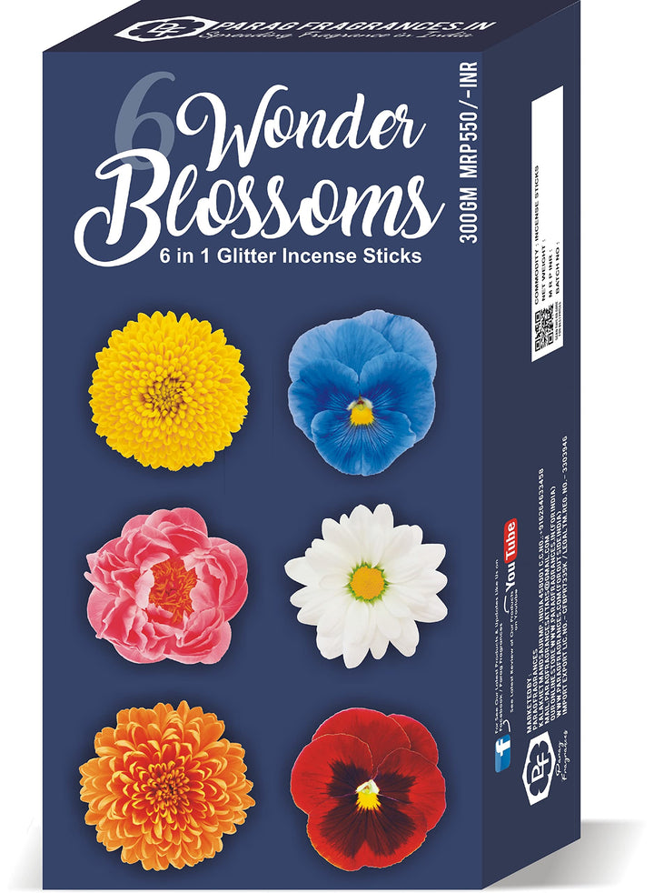 Parag Fragrances 6 Wonder Blossom Glitter Incense Sticks/Agarbatti Real Essential Oils (Pack of 6 x 50 Gm/Total 300 Gm) 24 Hours Fragrance Lasting Agarbatti for Pooja and Home Fragrance