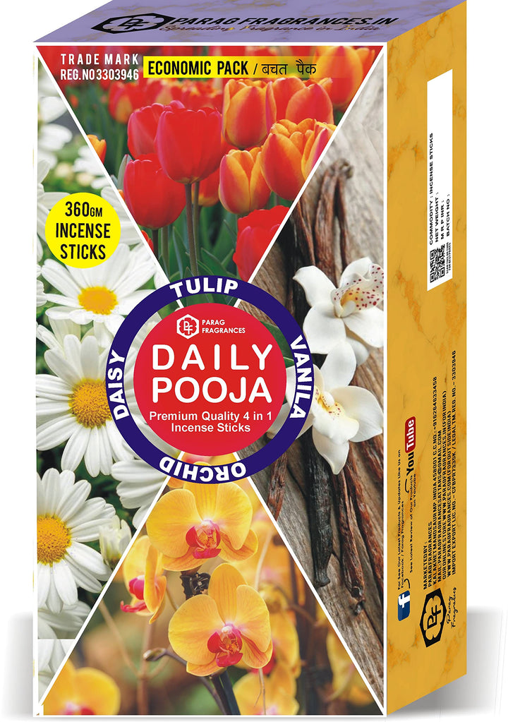 Parag Fragrances Daily Pooja 4 in 1 Incense Sticks/Agarbatti (Pack of 4 X 90 Gm/Total 360 Gm) 24 Hours Fragrance Lasting Agarbatti for Pooja/Worship and Home Fragrance