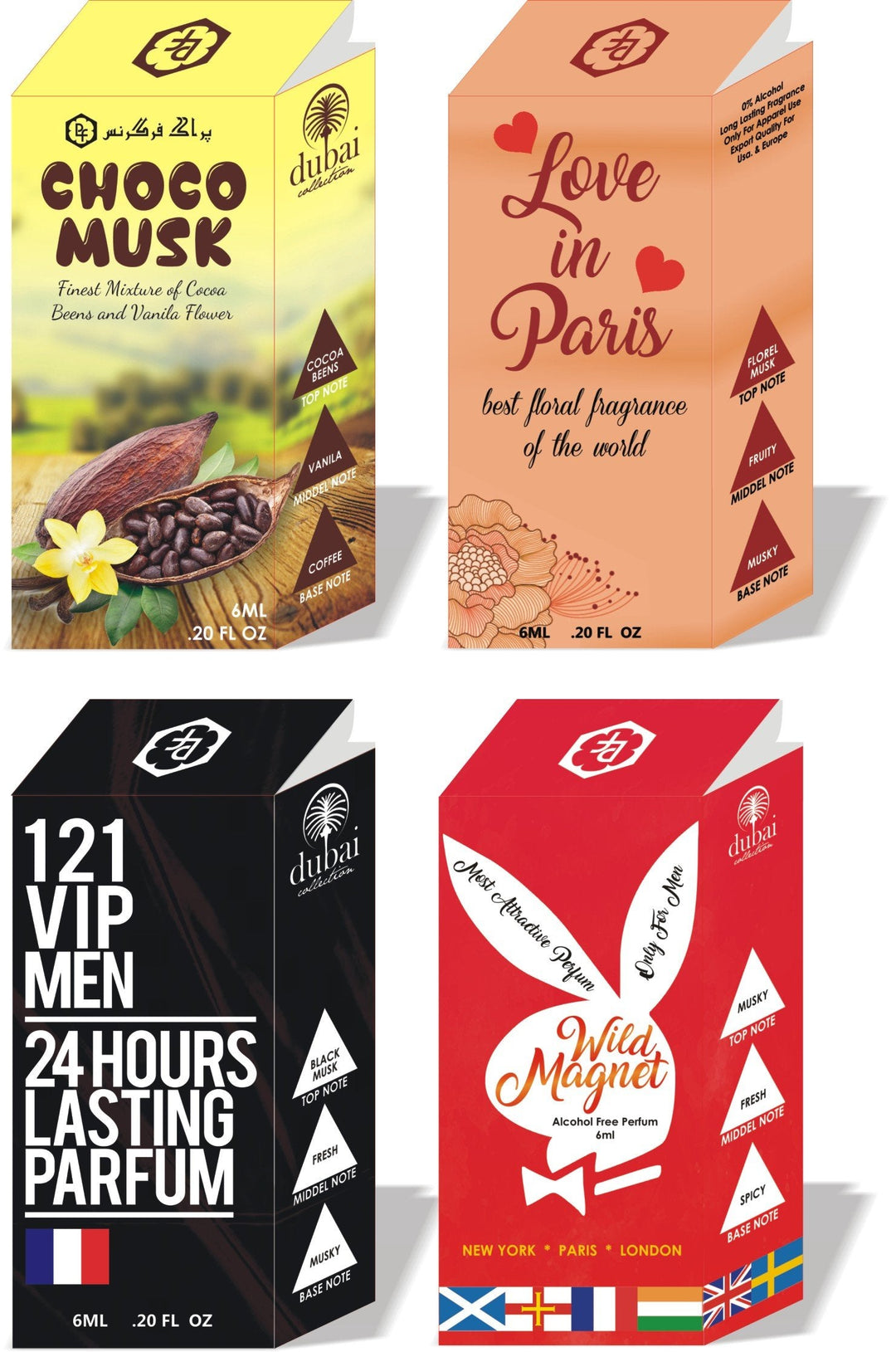 Parag fragrances 4 Pieces Pack of 121 Vip Men, Love in Paris, Wild Magnetand Choco Musk Attar Perfume Combo, 6 ml