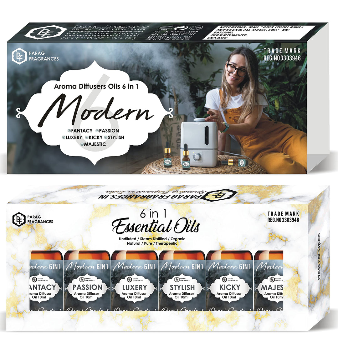 Parag Fragrances Modern 6in1 Essential Oil/Aroma Diffuser Oils Set of (Fantacy, Passion, Luxery, Kicky, Stylish & Majestic) Essential Oil