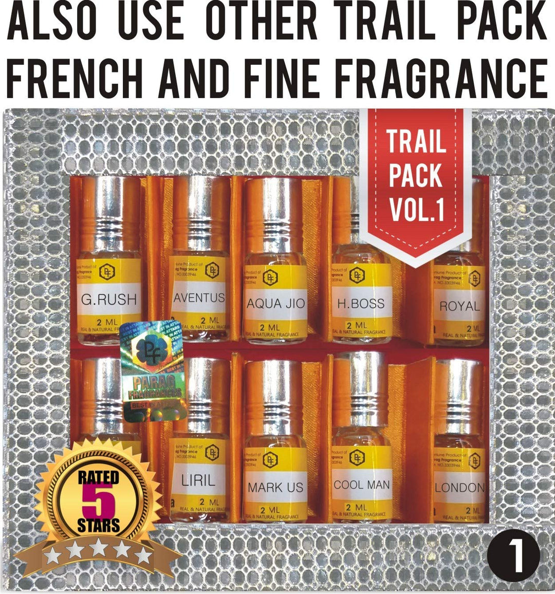 Parag Fragrances Top 10 Attars Trail Pack of Damru Chandan, Rose Nature, Himalyan Kasturi, Oud Al Arab, Ruh Kewda, Tobecco Vanilla, Real Amber, Choco Musk, Noora, Mitti Best Alcohol Free Attar