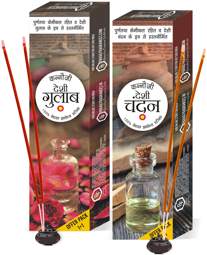 Parag Fragrances Kannauji Agarbatti Combo/Desi Gulab & Desi Chandan Incense Sticks / देशी गुलाब और देशी चंदन अगरबत्ती / 100% असली कन्नौजी इत्र से बन