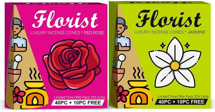 Parag Fragrances Florist Dhoop Incense Cones (Rose, Sandal, Frankincense & Jasmine) Combo Pack Natural Essential Oils & Flowers 200 Sticks Pack