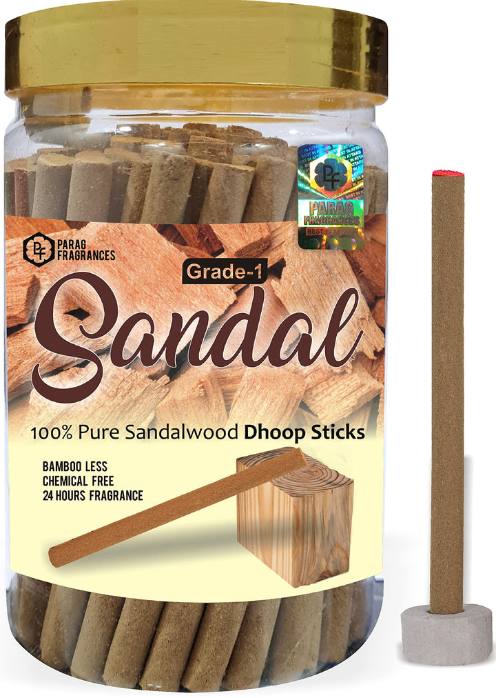 Parag Fragrances Sandalwood Dhoop Sticks/Chandan Dhoop Batti Grade-1 Jar (Pack of 1 x 200Gm) Long Lasting Perfume for 24 Hours Home Fragrance/Meditation/Dhoop for Pooja/Free Dhoop Holder