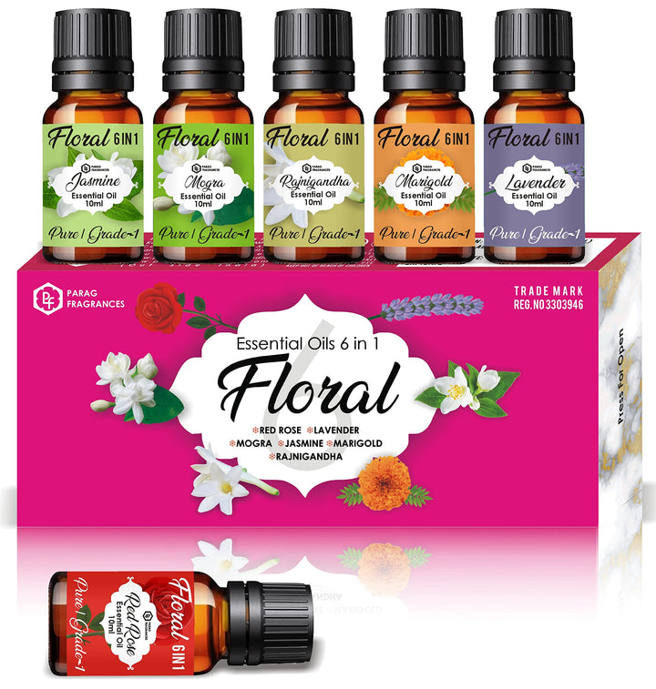 Parag Fragrances Floral 6IN1 Essential Set of Jasmine, Mogra, Rajnigandha, Marigold, Lavender & Red Rose
