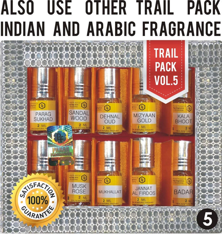 Parag Fragrances Top 10 Attars Trail Pack of Damru Chandan, Rose Nature, Himalyan Kasturi, Oud Al Arab, Ruh Kewda, Tobecco Vanilla, Real Amber, Choco Musk, Noora, Mitti Best Alcohol Free Attar