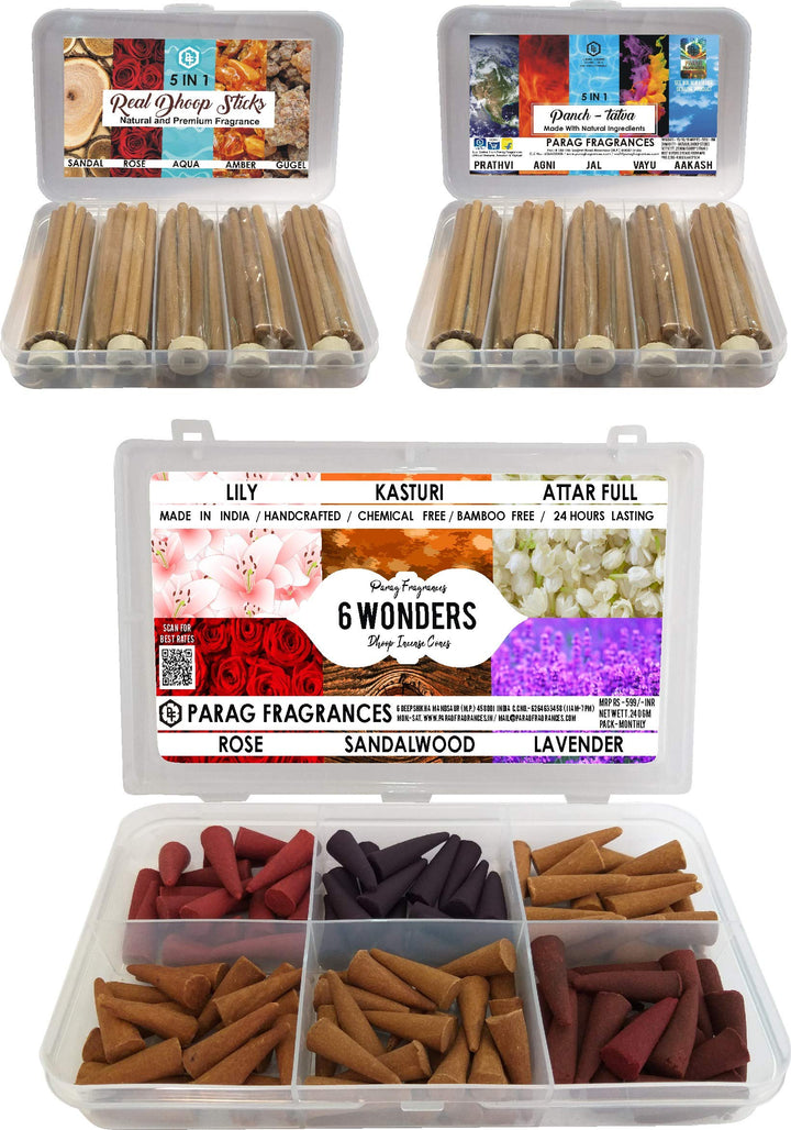Parag Fragrances Herbal & Natural 5 in 1 Dhoop Sticks 250Gm Pack/Rose, Sandalwood, Mogra, Camphor & Kasturi / 50Gram Each/Economical Monthly Pack Dhoop Sticks for Puja & Home Fragrance