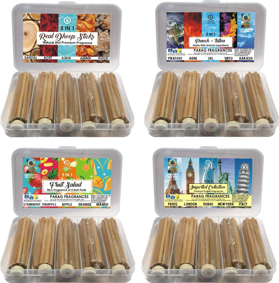Parag Fragrances Herbal & Natural 5 in 1 Dhoop Sticks 250Gm Pack/Rose, Sandalwood, Mogra, Camphor & Kasturi / 50Gram Each/Economical Monthly Pack Dhoop Sticks for Puja & Home Fragrance